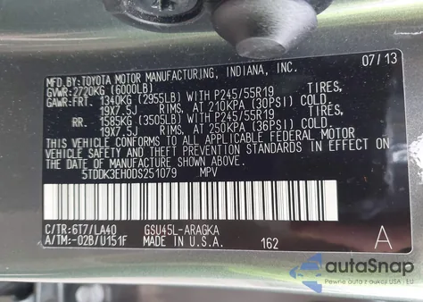 2013 Toyota Highlander Limited V6 from USA, damaged, VIN 5TDDK3EH0DS251079